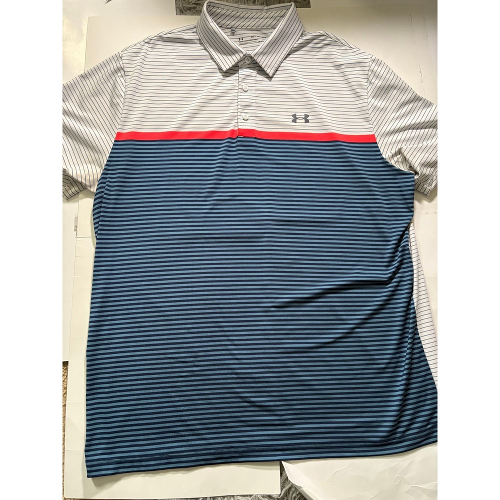 Under Armour HeatGear Polo Shirt‎ Men's 2XL White Blue Striped Loose Fit Golf